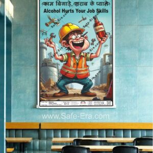 An 'Alcohol Hurts Your Job Skills' behaviour safety poster (Code: BSP-26) framed and displayed in a breakroom or canteen setting. The poster features a happy, yet manic-looking construction worker in a hardhat and safety vest holding up a bottle of alcohol and a tiny wrench, suggesting his skills are diminished. The central warning is displayed in English and Hindi.