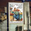 A 'Be in Your Limit' behaviour safety poster (Code: BSP-8) displayed in a workshop or industrial setting. The poster features a cartoon illustration of an overweight, scruffy man leaning on a workbench surrounded by tools and liquor bottles. The core message warns against alcohol use in the workplace: 'Drunk Today, Drunk Tomorrow, Work Unfinished.. be in your limit,' along with a similar warning in Hindi.
