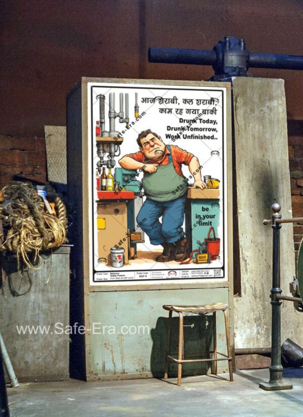 A 'Be in Your Limit' behaviour safety poster (Code: BSP-8) displayed in a workshop or industrial setting. The poster features a cartoon illustration of an overweight, scruffy man leaning on a workbench surrounded by tools and liquor bottles. The core message warns against alcohol use in the workplace: 'Drunk Today, Drunk Tomorrow, Work Unfinished.. be in your limit,' along with a similar warning in Hindi.