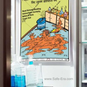 Safe-Era Chemical Safety Poster CSP-1 displayed in a laboratory setting, showing a cartoon illustration of a worker submerged in a chemical spill with Hindi and English warning text.