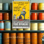 Safe-Era chemical Safety poster CSP-11, mockup image of oil drum with a yellow, orange & blue colour in a warehouse with - Poster Image is showing - a worker wearing yellow helmet with blue dress reading the manual instruction paper, put his right leg on the drum which is spilled with chemical on the floor. Slogan written in both English & Hindi language. English slogans says - “Don't guess with the chemicals, use manual”.