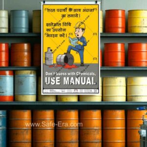 Safe-Era chemical Safety poster CSP-11, mockup image of oil drum with a yellow, orange & blue colour in a warehouse with - Poster Image is showing - a worker wearing yellow helmet with blue dress reading the manual instruction paper, put his right leg on the drum which is spilled with chemical on the floor. Slogan written in both English & Hindi language. English slogans says - “Don't guess with the chemicals, use manual”.