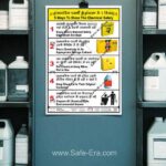Safe-Era chemical Safety poster CSP-12, mockup image of chemical storage in industrial godowns and labs. Poster Image is showing - 5 crucial points of saying “5 ways to store the chemical safety”, with 5 symbolic pictures related with content.