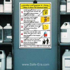 Safe-Era chemical Safety poster CSP-12, mockup image of chemical storage in industrial godowns and labs. Poster Image is showing - 5 crucial points of saying “5 ways to store the chemical safety”, with 5 symbolic pictures related with content.