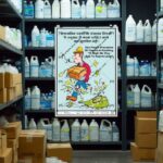 Safe-Era chemical Safety poster CSP-13, mockup image of oil plastic container kept in the racks with brown cartoon boxes - Poster Image showing - well dressed worker holding a chemical box in his hand while stepped in the spilled chemical in the floor, impact showing his shoes stuck in the floor, showing fumes & stars all around. Slogan written in both English & Hindi language. English slogans says - “Use proper procedure of chemical handling, it might be very sad to regret later”.