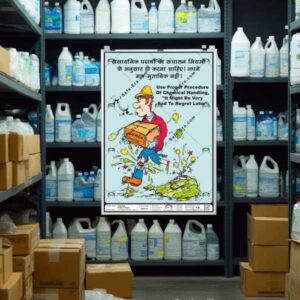 Safe-Era chemical Safety poster CSP-13, mockup image of oil plastic container kept in the racks with brown cartoon boxes - Poster Image showing - well dressed worker holding a chemical box in his hand while stepped in the spilled chemical in the floor, impact showing his shoes stuck in the floor, showing fumes & stars all around. Slogan written in both English & Hindi language. English slogans says - “Use proper procedure of chemical handling, it might be very sad to regret later”.