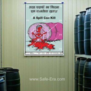 Safe-Era Chemical Spill Hazard Poster CSP-2 in a factory setting, featuring a cartoon of a leaking pink chemical barrel and a skull-shaped spill with "A Spill Can Kill" warning.