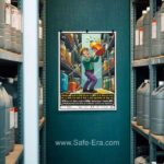 Safe-Era Hazardous Chemical Handling Poster CSP-5 showing a worker carrying a chemical container between warehouse racks with skin contact safety precautions. Slogan written in Hindi & English.
