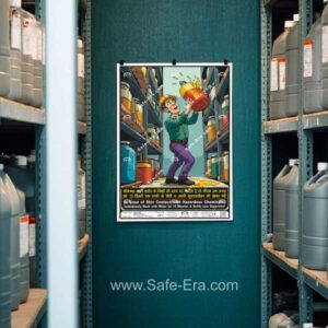 Safe-Era Hazardous Chemical Handling Poster CSP-5 showing a worker carrying a chemical container between warehouse racks with skin contact safety precautions. Slogan written in Hindi & English.