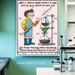 Safe-Era Chemical Safety Poster CSP-7 (modern graphic) in a laboratory mockup, a worker wearing complete PPE apron, gloves, faceshield & boots while handing chemicals. Caption in english & hindi both written. English caption written - “ Use proper personal safety equipment before using any chemical products”.