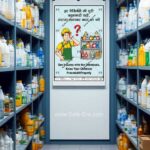 Safe-Era chemical Safety poster CSP-9, Updated & modern design emphasizing the danger of using unidentified chemicals in the workplace. A worker wearing factory green dress with yellow helmet & big red “?” question mark on the head, thinking about which chemical should use after watching different chemical bottles displayed in the shelves. Safety slogans written both in english & hindi languages.