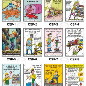 Safe-Era industrial chemical safety posters collage featuring 12 posters (codes CSP-1 to CSP-12). This collection covers essential safety topics including solvent handling, spill prevention, chemical storage guidelines, PPE usage, and chemical safety procedures for workplaces.