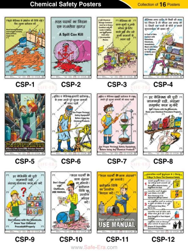 Safe-Era industrial chemical safety posters collage featuring 12 posters (codes CSP-1 to CSP-12). This collection covers essential safety topics including solvent handling, spill prevention, chemical storage guidelines, PPE usage, and chemical safety procedures for workplaces.