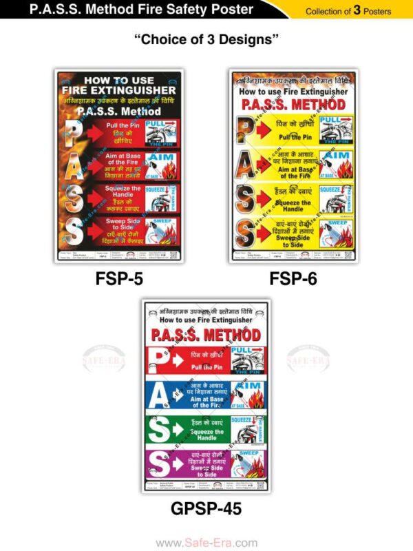 Collection of 3 P.A.S.S. Method fire safety poster designs, including FSP-5, FSP-6, and GPSP-45 by Safe-Era.