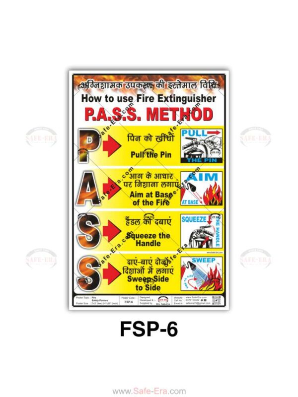 How to use fire extinguisher P.A.S.S. method safety poster in Hindi and English, Safe-Era design FSP-6.
