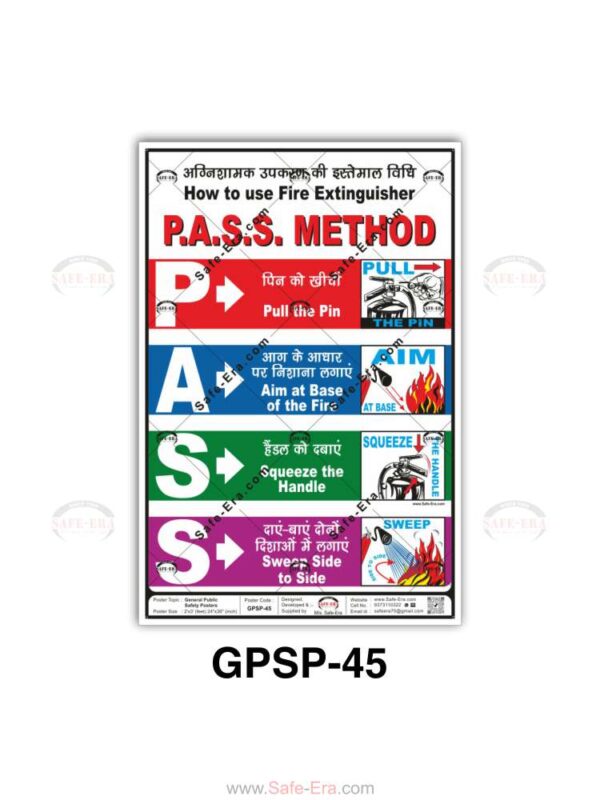 General public safety poster for P.A.S.S. method fire extinguisher operation, Safe-Era design GPSP-45.