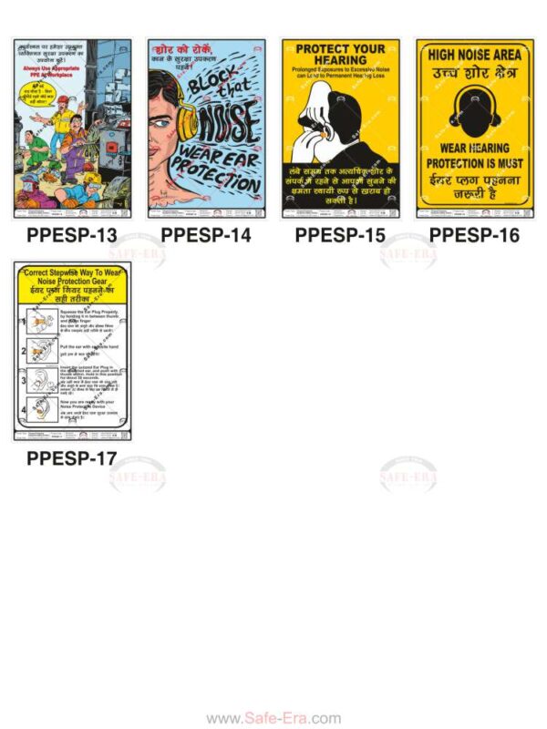 Safe-Era PPE Safety poster collection (PPESP-13 to 17) featuring a collage of 5 bilingual (Hindi & English) posters focused on specialized protection. Topics include: the necessity of choosing appropriate PPE for specific hazards, methods for effective noise blocking, hearing protection in high-decibel areas, and step-by-step instructions for wearing ear protection equipment correctly.