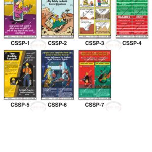 Safe-Era confined space and excavation safety posters collection (codes CSSP-1 to 7). A 7-poster collage featuring essential workplace safety topics in both English and Hindi, including excavation hazards, the buddy system, and emergency rescue procedures for confined space entry.
