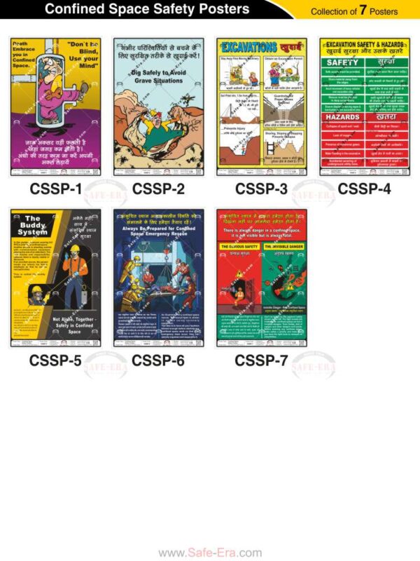 Safe-Era confined space and excavation safety posters collection (codes CSSP-1 to 7). A 7-poster collage featuring essential workplace safety topics in both English and Hindi, including excavation hazards, the buddy system, and emergency rescue procedures for confined space entry.