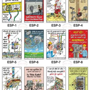 Safe-Era electric safety posters collection (codes ESP-1 to 12). A 12-poster collage featuring essential electrical safety topics in English and Hindi, including proper use of plugs, extension cords, wiring management, and safe switchboard practices.