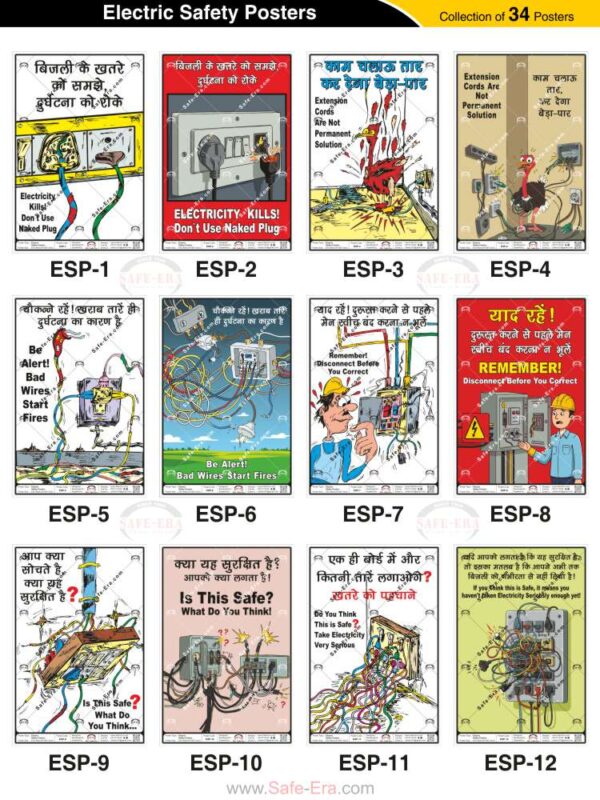 Safe-Era electric safety posters collection (codes ESP-1 to 12). A 12-poster collage featuring essential electrical safety topics in English and Hindi, including proper use of plugs, extension cords, wiring management, and safe switchboard practices.