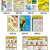 Safe-Era electrical safety posters collage (codes ESP-25 to 32B). Focuses on electrical hazard prevention and response, including shock treatment charts, handling live wires, identifying defective cords, and professional electrical safety do's and don'ts.