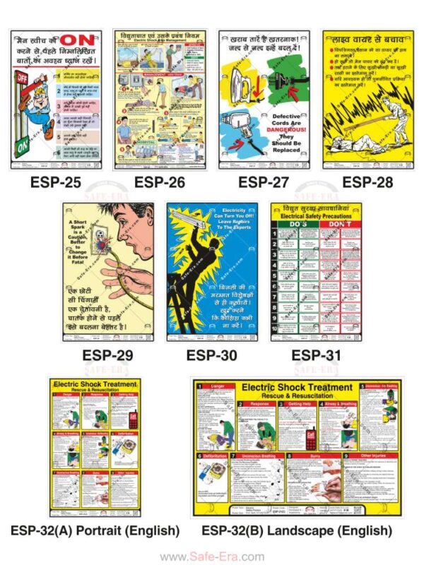 Safe-Era electrical safety posters collage (codes ESP-25 to 32B). Focuses on electrical hazard prevention and response, including shock treatment charts, handling live wires, identifying defective cords, and professional electrical safety do's and don'ts.