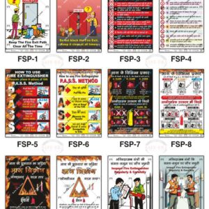 Safe-Era fire safety posters collection (codes FSP-1 to 12). A 12-poster collage featuring English and Hindi safety instructions, including the PASS method for fire extinguishers, fire triangle awareness, fire exit path maintenance, and regular inspection of fire safety equipment.
