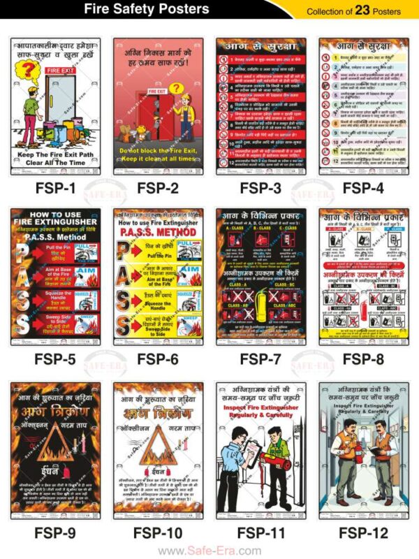 Safe-Era fire safety posters collection (codes FSP-1 to 12). A 12-poster collage featuring English and Hindi safety instructions, including the PASS method for fire extinguishers, fire triangle awareness, fire exit path maintenance, and regular inspection of fire safety equipment.
