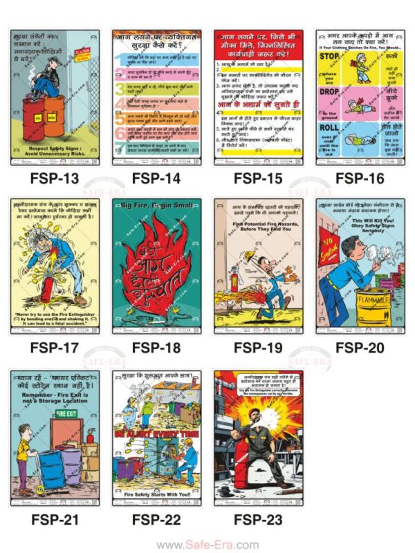Safe-Era industrial fire safety posters collage (codes FSP-13 to 23). This collection covers critical fire prevention and response topics in English and Hindi, such as avoiding smoking near fire hazards, personal safety protocols during fires, the 'Stop, Drop, and Roll' technique, and fire extinguisher handling.