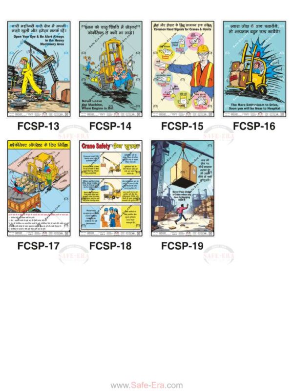 Safe-Era forklift and crane safety posters collage (codes FCSP-13 to 19). A 7-poster collection covering essential operator instructions, machinery area safety alerts, and standard hand signals for cranes and hoists in English and Hindi.