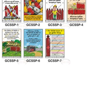 Safe-Era Gas Cylinder Storage Safety Poster Collection (GCSSP-1 to 7): A professional collage showcasing seven industrial safety posters for gas cylinder management. Each poster features clear, graphical illustrations accompanied by bilingual (Hindi and English) safety slogans. Key topics covered include: identifying unsafe handling acts, proper vertical stacking procedures, mandatory safe storage distances from buildings, and essential gas cylinder safety protocols for industrial environments.