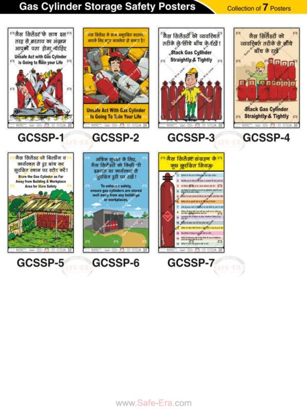 Safe-Era Gas Cylinder Storage Safety Poster Collection (GCSSP-1 to 7): A professional collage showcasing seven industrial safety posters for gas cylinder management. Each poster features clear, graphical illustrations accompanied by bilingual (Hindi and English) safety slogans. Key topics covered include: identifying unsafe handling acts, proper vertical stacking procedures, mandatory safe storage distances from buildings, and essential gas cylinder safety protocols for industrial environments.