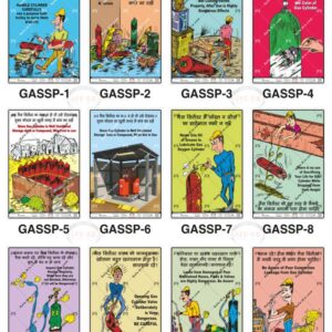 Safe-Era gas safety posters collection (codes GASSP-1 to 12). A 12-poster collage providing critical safety guidelines in English and Hindi, including proper cylinder handling, storage in ventilated areas, avoiding oil/grease on valves, and nozzle inspection protocols.