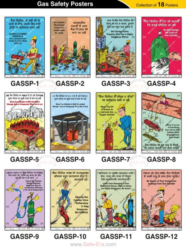 Safe-Era gas safety posters collection (codes GASSP-1 to 12). A 12-poster collage providing critical safety guidelines in English and Hindi, including proper cylinder handling, storage in ventilated areas, avoiding oil/grease on valves, and nozzle inspection protocols.