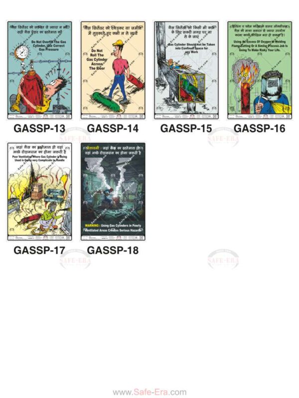 Safe-Era industrial gas safety posters collage (codes GASSP-13 to 18). A 6-poster collection focusing on preventing gas-related accidents, covering proper transport of cylinders, avoiding overfilling, and warning against using gas cylinders in confined or poorly ventilated spaces.
