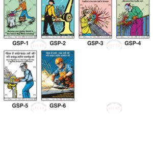 Safe-Era Grinding Safety poster collection (GSP-1 to 6) featuring a collage of 6 bilingual (Hindi & English) posters. Topics include: mandatory use of safety shields during grinding, proper body positioning, operator training requirements, selection of appropriate grinding equipment, and prohibitions against side grinding.
