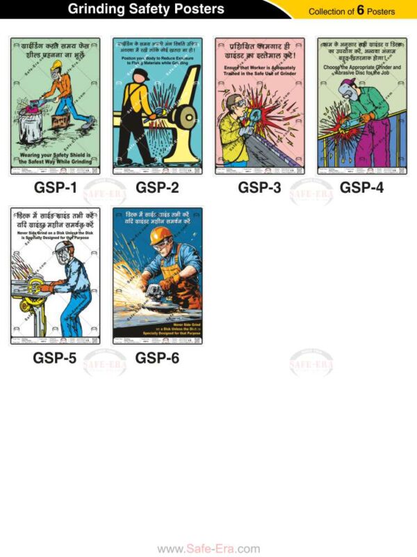 Safe-Era Grinding Safety poster collection (GSP-1 to 6) featuring a collage of 6 bilingual (Hindi & English) posters. Topics include: mandatory use of safety shields during grinding, proper body positioning, operator training requirements, selection of appropriate grinding equipment, and prohibitions against side grinding.