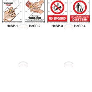 Safe-Era Health Safety poster collection (HeSP-1 to 4) featuring a collage of 4 bilingual (Hindi & English) posters promoting healthy lifestyle and hygiene habits. Topics include: the dangers of smoking, anti-tobacco advocacy, designated smoking-prohibited zones, and proper waste disposal in dustbins.