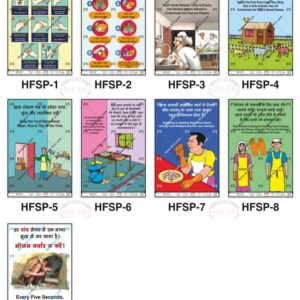 Safe-Era Hygiene & Food Safety poster collection (HFSP-1 to 9) featuring a collage of 9 bilingual (Hindi & English) posters. Topics include: proper handwashing techniques, hygiene protocols before kitchen tasks, food storage room sanitation, workspace decluttering, dangers of sneezing or spitting near food items, appropriate kitchen attire, and food conservation awareness.