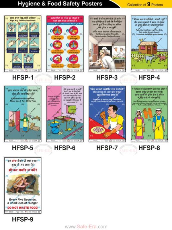 Safe-Era Hygiene & Food Safety poster collection (HFSP-1 to 9) featuring a collage of 9 bilingual (Hindi & English) posters. Topics include: proper handwashing techniques, hygiene protocols before kitchen tasks, food storage room sanitation, workspace decluttering, dangers of sneezing or spitting near food items, appropriate kitchen attire, and food conservation awareness.
