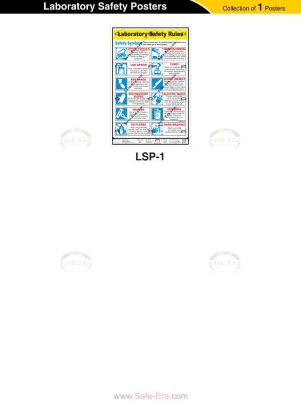 Safe-Era Laboratory Safety poster (LSP-1) featuring a bilingual (Hindi & English) graphical design. The poster outlines essential safety rules and protocols to be followed in laboratory environments to ensure a hazard-free workspace.