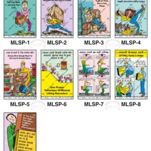 Safe-Era Manual Lifting Safety poster collection (MLSP-1 to 9) featuring a collage of 9 bilingual (Hindi & English) posters. Topics include: secure load gripping, understanding personal lifting limits, avoiding lifting when fatigued, inspecting objects for sharp edges, ensuring clear pathways, proper manual lifting techniques (wazan uthane ka sahi tarika), and preventing injuries caused by overloading.