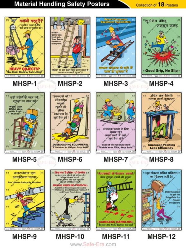 Safe-Era Material Handling Safety poster collection (MHSP-1 to 12) featuring a collage of 12 bilingual (Hindi & English) posters. Topics include: using chain blocks for heavy objects, avoiding mobile phone distractions, immediate reporting of faulty equipment, maintaining a firm grip, correct handling methods, risks of overloading, staying alert for unexpected hazards, improving efficiency through proper positioning, and emphasizing that procedural compliance is mandatory for safety.