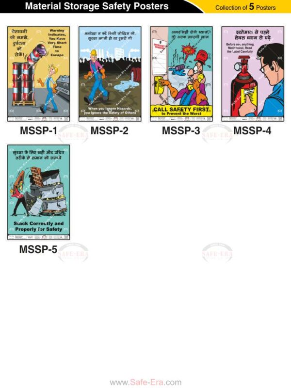 Safe-Era Material Storage Safety poster collection (MSSP-1 to 5) featuring a collage of 5 bilingual (Hindi & English) posters. Topics include: interpreting warning signs for emergency escape, the impact of hazard ignorance on collective safety, prioritizing safety protocols, reading mechanical labels before use, and guidelines for safe and correct material stacking.
