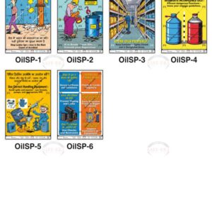 Safe-Era Oil Safety poster collection (OilSP-1 to 6) featuring a collage of 6 bilingual (Hindi & English) posters focused on oil management. Topics include: leak prevention and response, supervisor consultation for oil-related doubts, proper storage protocols, segregation of incompatible oil types, use of correct handling equipment, and regular drum security and leak inspections.