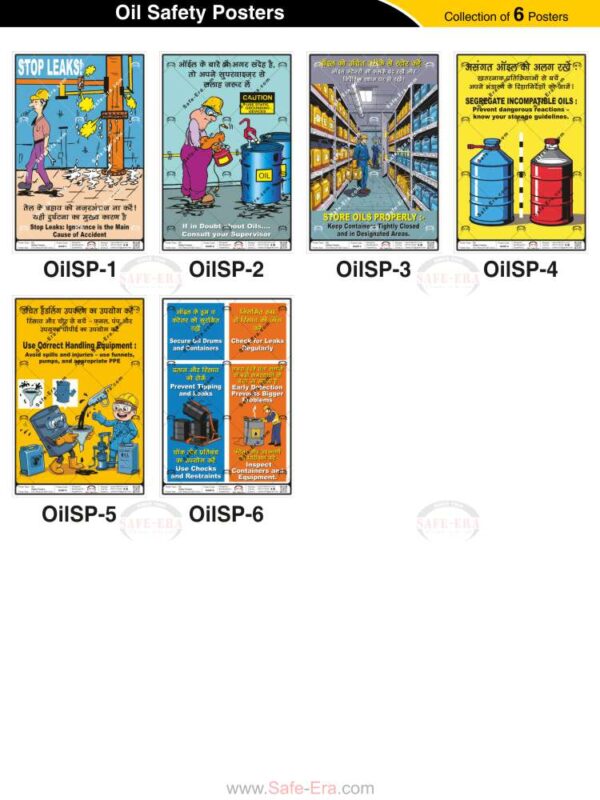 Safe-Era Oil Safety poster collection (OilSP-1 to 6) featuring a collage of 6 bilingual (Hindi & English) posters focused on oil management. Topics include: leak prevention and response, supervisor consultation for oil-related doubts, proper storage protocols, segregation of incompatible oil types, use of correct handling equipment, and regular drum security and leak inspections.