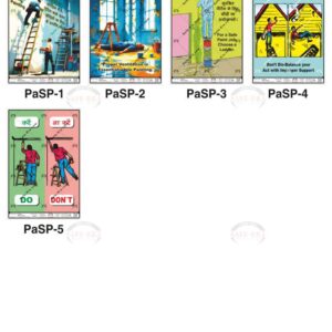 Safe-Era Painting Safety poster collection (PaSP-1 to 5) featuring a collage of 5 bilingual (Hindi & English) posters. Topics include: fall prevention, importance of proper ventilation, selecting appropriate ladders for painting tasks, maintaining balance with correct support, and general do's and don'ts for a safe painting process.