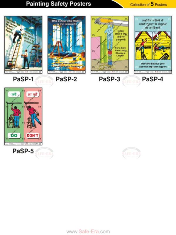 Safe-Era Painting Safety poster collection (PaSP-1 to 5) featuring a collage of 5 bilingual (Hindi & English) posters. Topics include: fall prevention, importance of proper ventilation, selecting appropriate ladders for painting tasks, maintaining balance with correct support, and general do's and don'ts for a safe painting process.