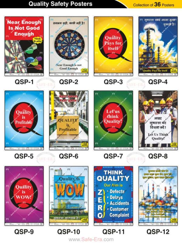 Safe-Era Quality Safety poster collection (QSP-1 to 12) featuring a collage of 12 bilingual (Hindi & English) posters. Topics include: emphasizing that 'near enough' is not acceptable, the economic and professional value of high quality, fostering a quality-first mindset, and the objective of achieving zero-defect production.